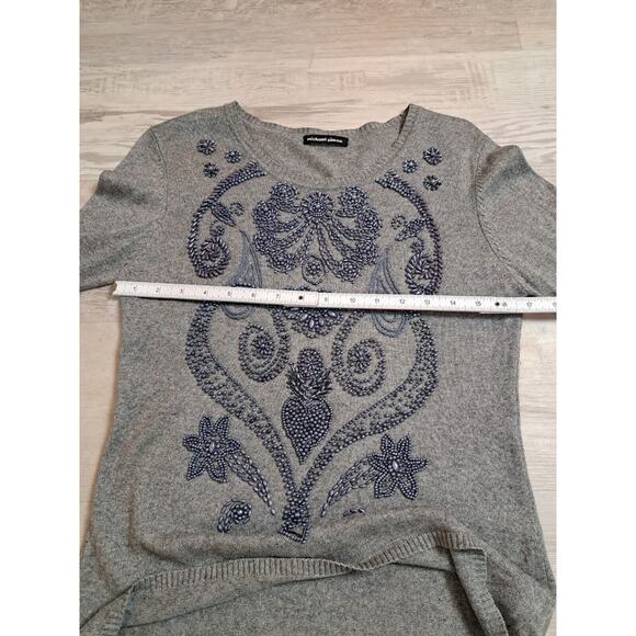 Michael Simon Womens Sz L Henley Sweater Silk Cashmere Gray Embellished Thermal - Picture 5 of 11